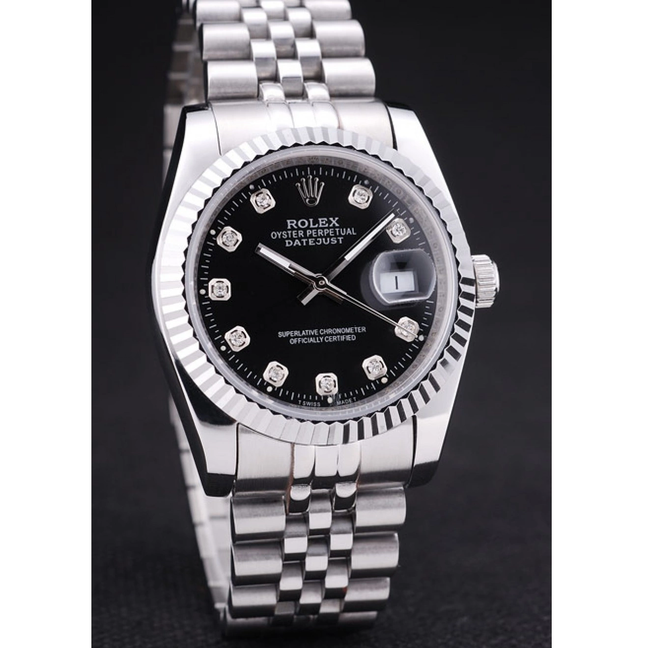 AAA replica watch Ribbed Diamonds Black 7458 Bezel Datejust Rolex Dial 0816